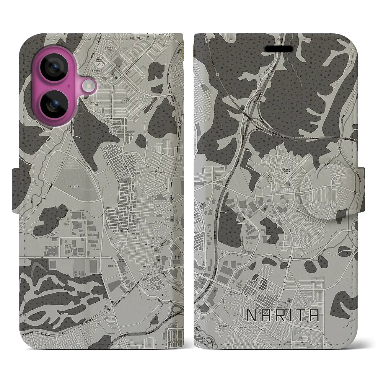 【成田(宮城県)】地図柄iPhoneケース(手帳タイプ)モノトーン・iPhone 16 Pro 用