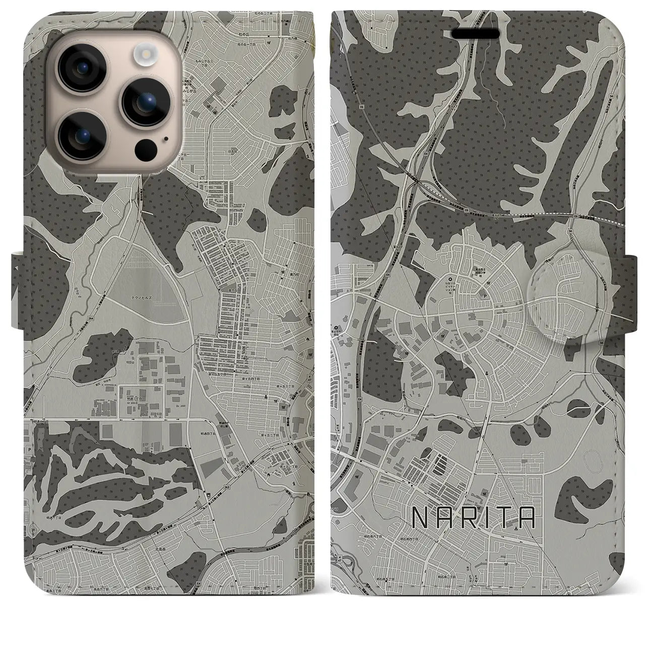 【成田(宮城県)】地図柄iPhoneケース(手帳タイプ)モノトーン・iPhone 16 Plus 用