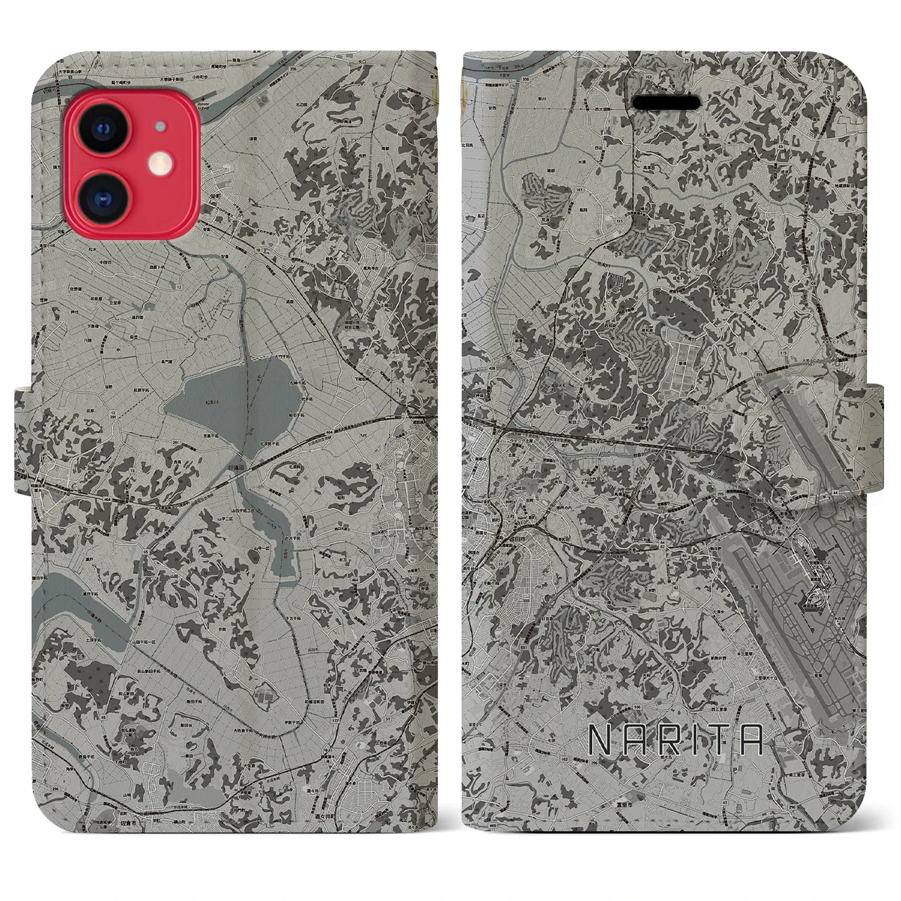 【成田(千葉県)】地図柄iPhoneケース(手帳タイプ)モノトーン・iPhone 11 用