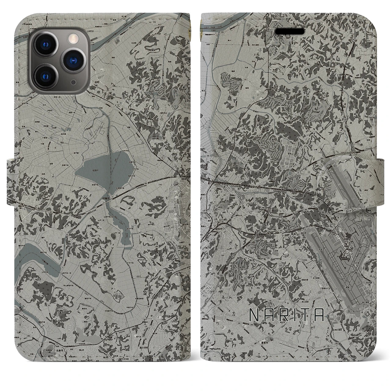 【成田(千葉県)】地図柄iPhoneケース(手帳タイプ)モノトーン・iPhone 11 Pro Max 用