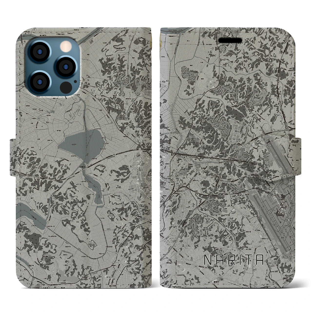 【成田(千葉県)】地図柄iPhoneケース(手帳タイプ)モノトーン・iPhone 12 / 12 Pro 用