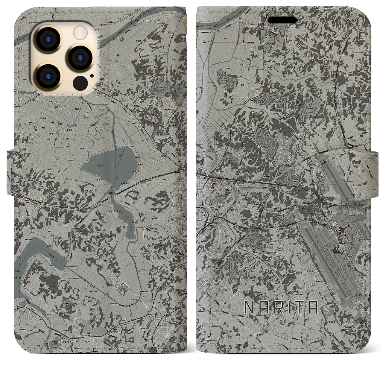 【成田(千葉県)】地図柄iPhoneケース(手帳タイプ)モノトーン・iPhone 12 Pro Max 用