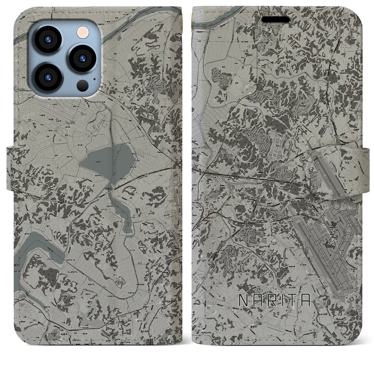 【成田(千葉県)】地図柄iPhoneケース(手帳タイプ)モノトーン・iPhone 13 Pro Max 用