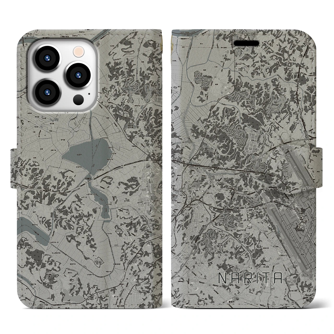 【成田(千葉県)】地図柄iPhoneケース(手帳タイプ)モノトーン・iPhone 13 Pro 用