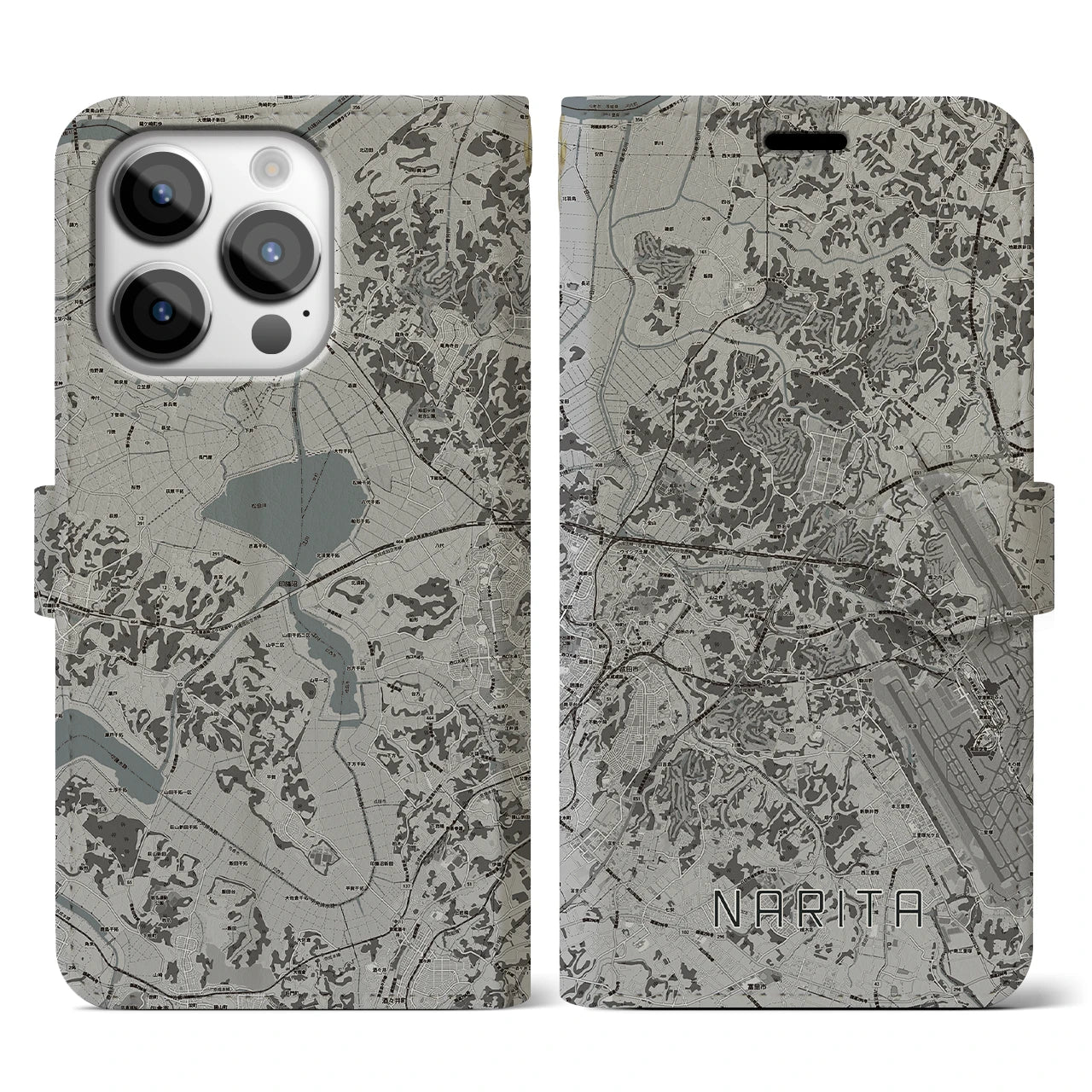 【成田(千葉県)】地図柄iPhoneケース(手帳タイプ)モノトーン・iPhone 14 Pro 用
