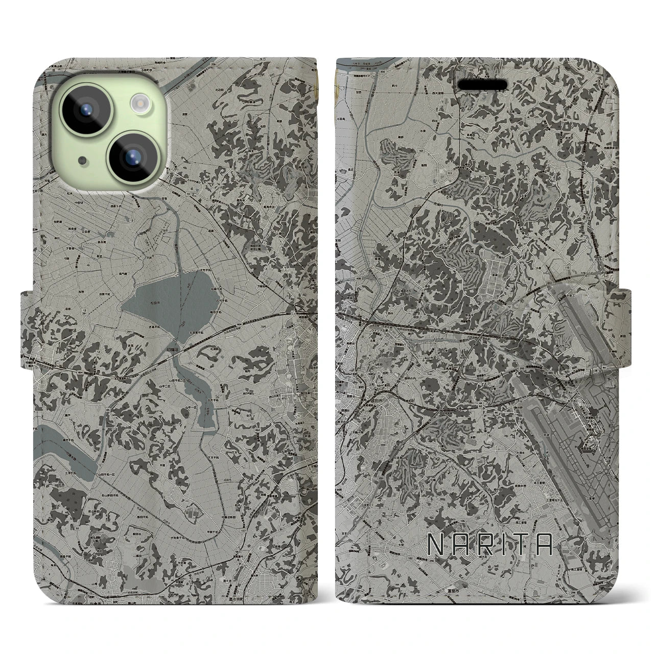 【成田(千葉県)】地図柄iPhoneケース(手帳タイプ)モノトーン・iPhone 15 用