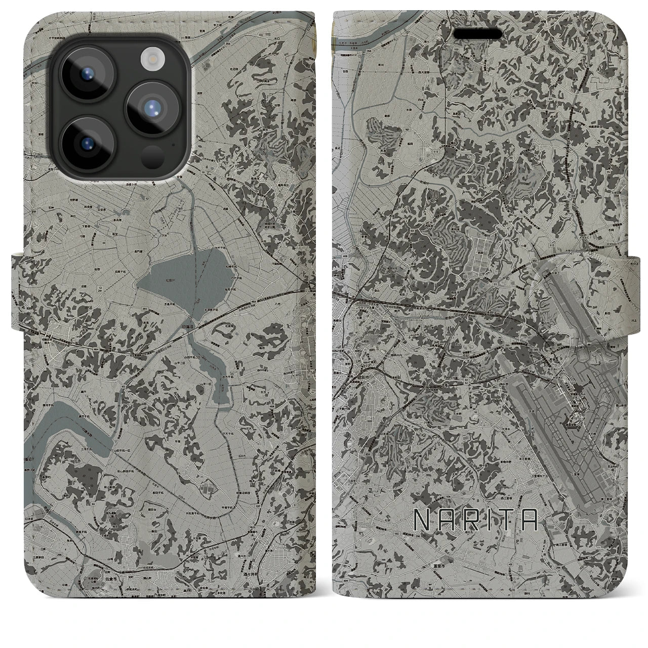 【成田(千葉県)】地図柄iPhoneケース(手帳タイプ)モノトーン・iPhone 15 Pro Max 用