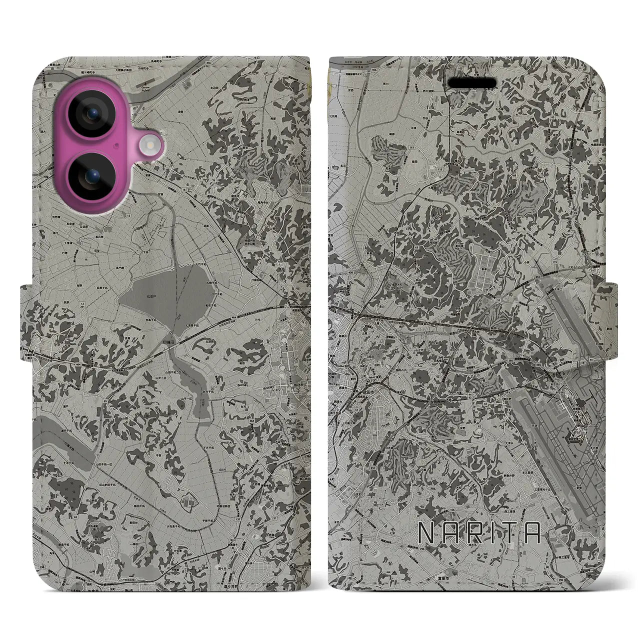【成田(千葉県)】地図柄iPhoneケース(手帳タイプ)モノトーン・iPhone 16 Pro 用