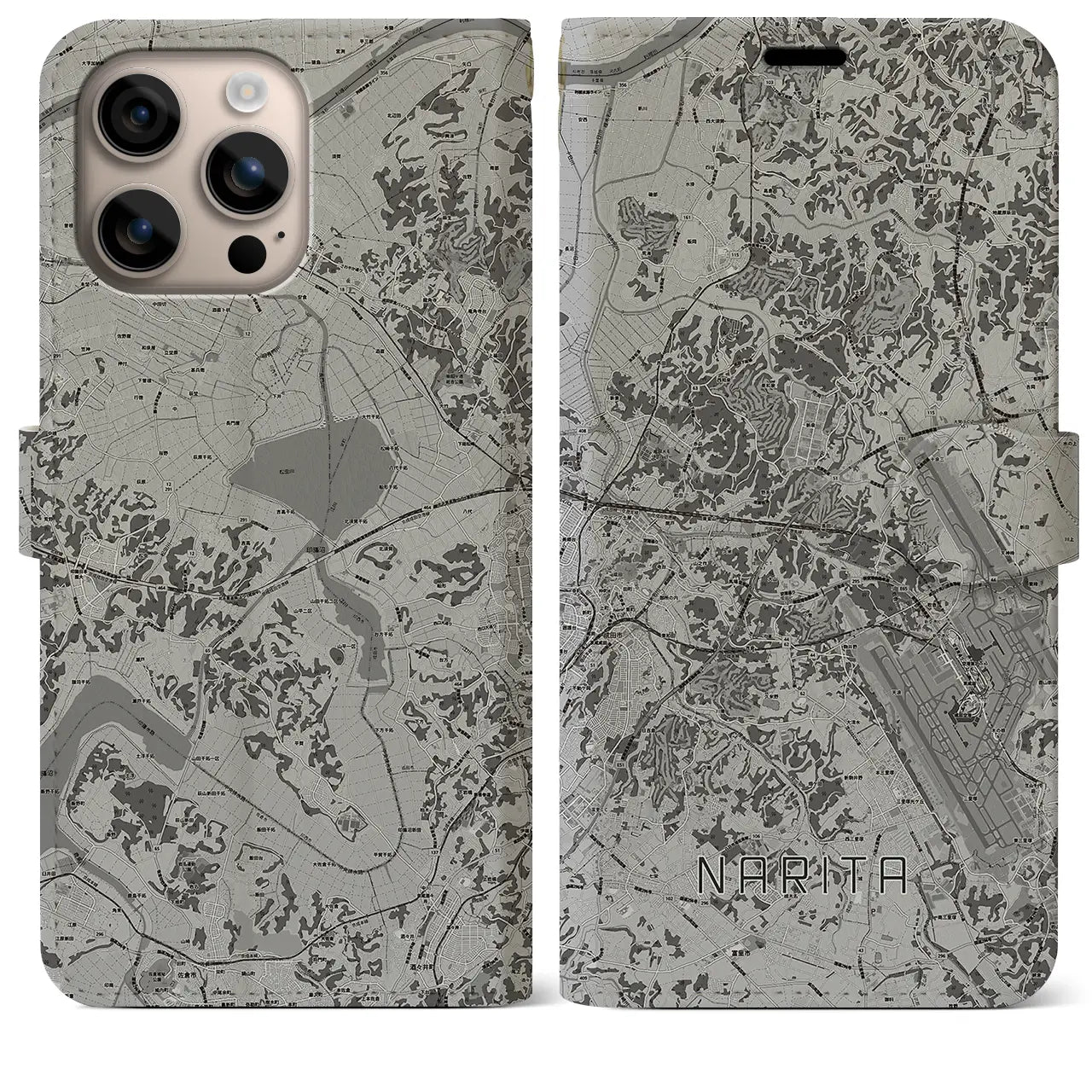 【成田(千葉県)】地図柄iPhoneケース(手帳タイプ)モノトーン・iPhone 16 Plus 用