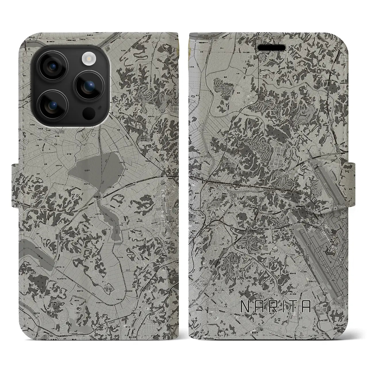 【成田(千葉県)】地図柄iPhoneケース(手帳タイプ)モノトーン・iPhone 16 用