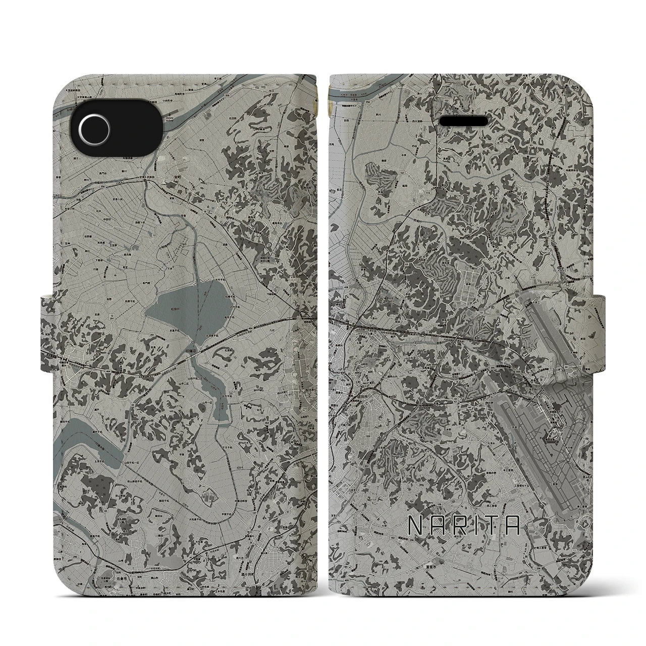 【成田(千葉県)】地図柄iPhoneケース(手帳タイプ)モノトーン・iPhone SE(第3 / 第2世代) / 8 / 7 / 6s / 6 用