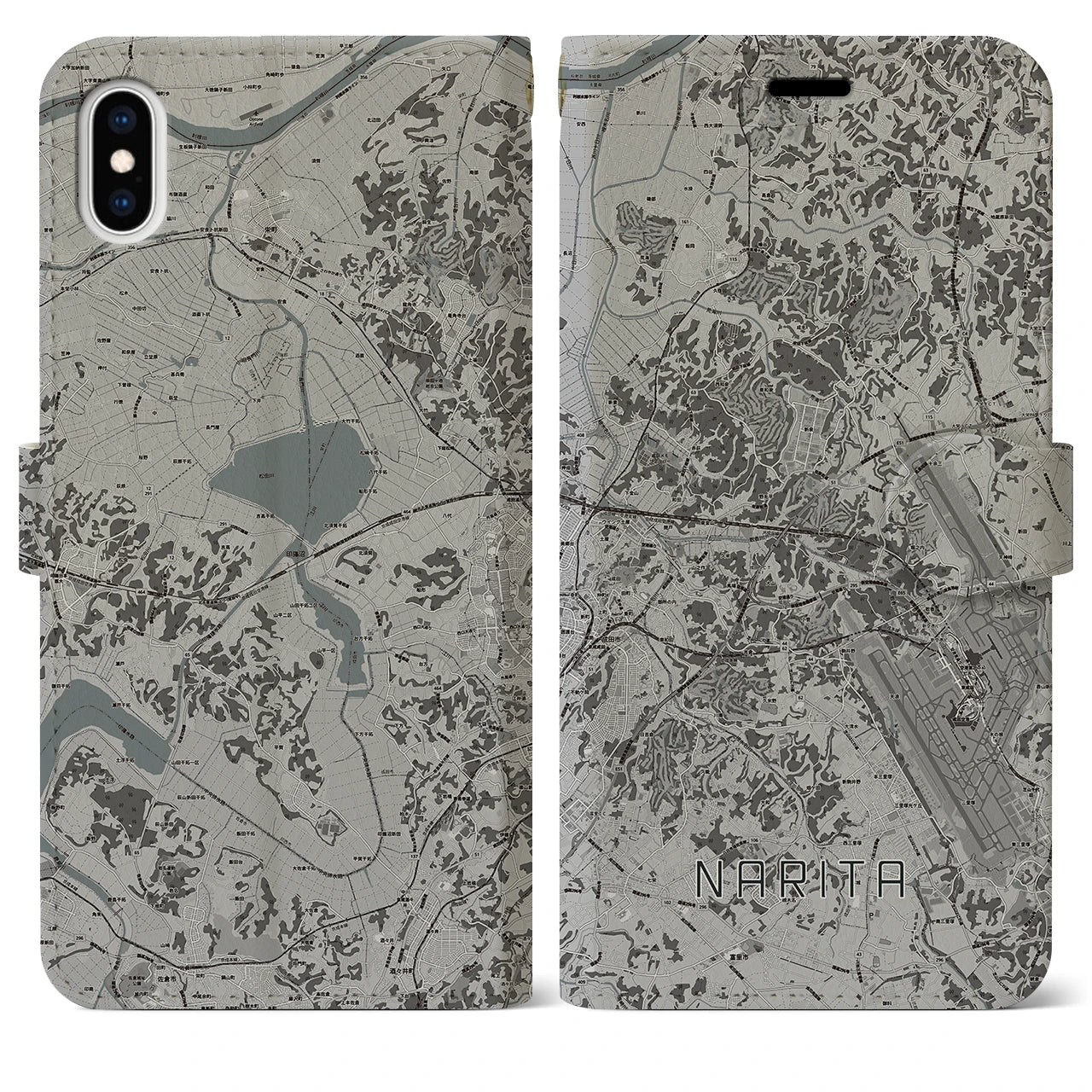【成田(千葉県)】地図柄iPhoneケース(手帳タイプ)モノトーン・iPhone XS Max 用