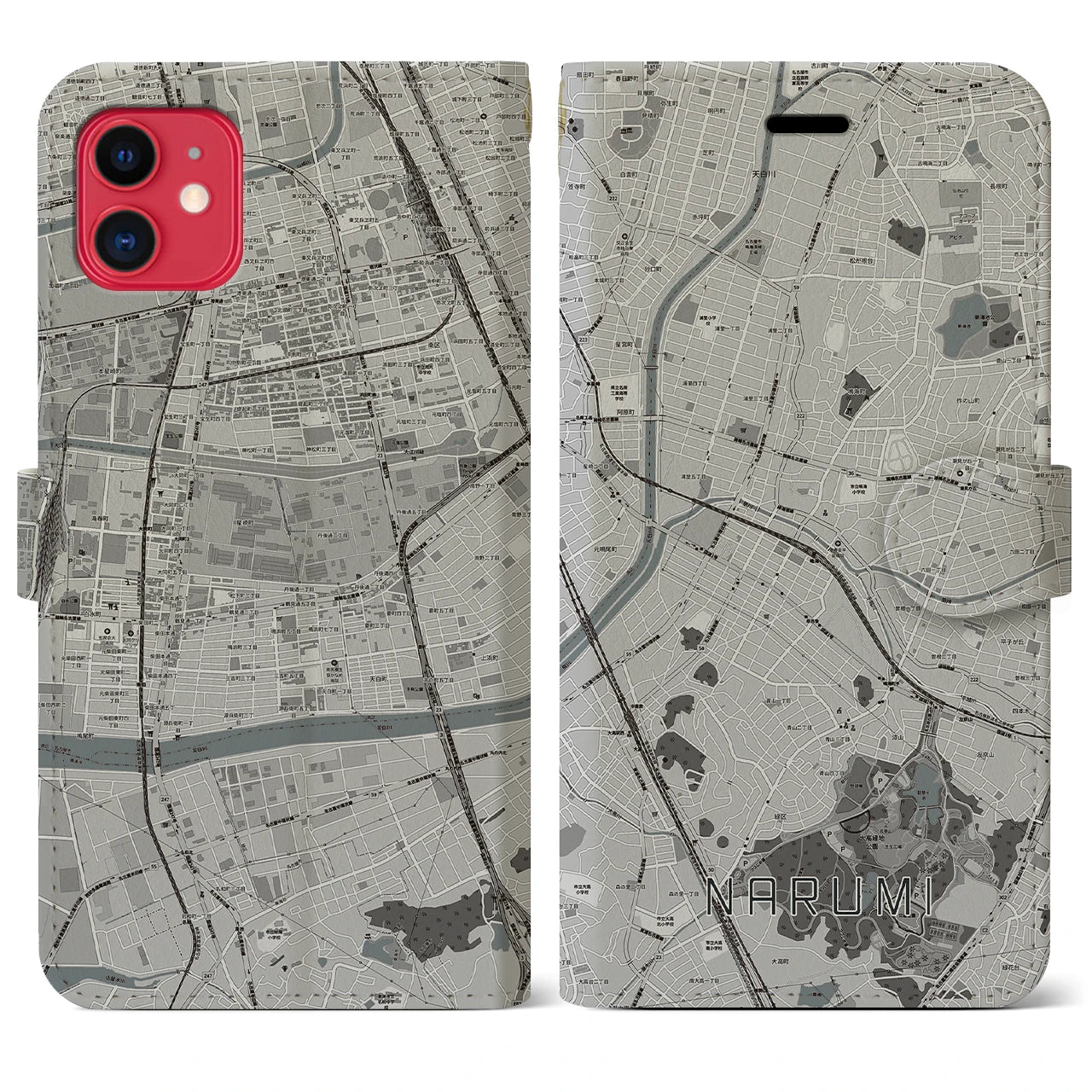 【鳴海(愛知県)】地図柄iPhoneケース(手帳タイプ)モノトーン・iPhone 11 用