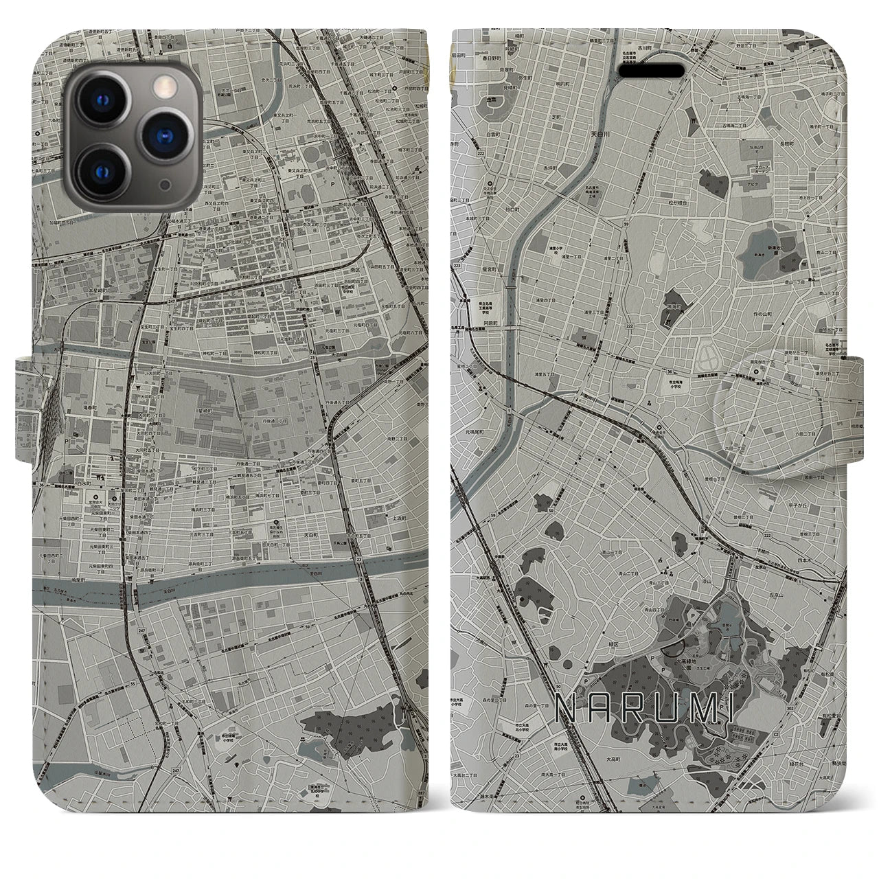【鳴海(愛知県)】地図柄iPhoneケース(手帳タイプ)モノトーン・iPhone 11 Pro Max 用
