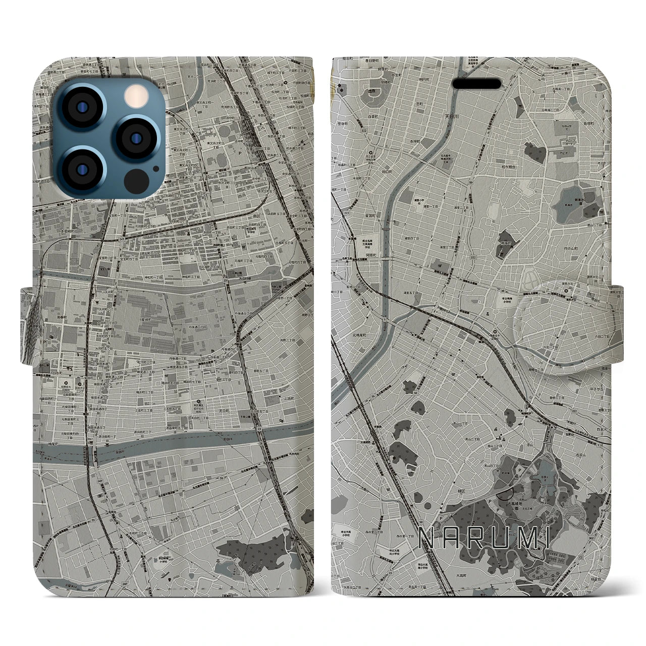 【鳴海(愛知県)】地図柄iPhoneケース(手帳タイプ)モノトーン・iPhone 12 / 12 Pro 用