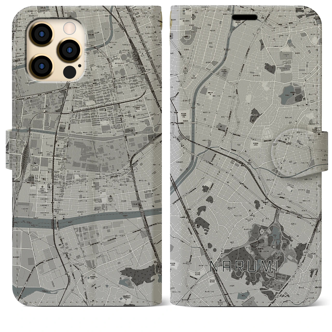 【鳴海(愛知県)】地図柄iPhoneケース(手帳タイプ)モノトーン・iPhone 12 Pro Max 用