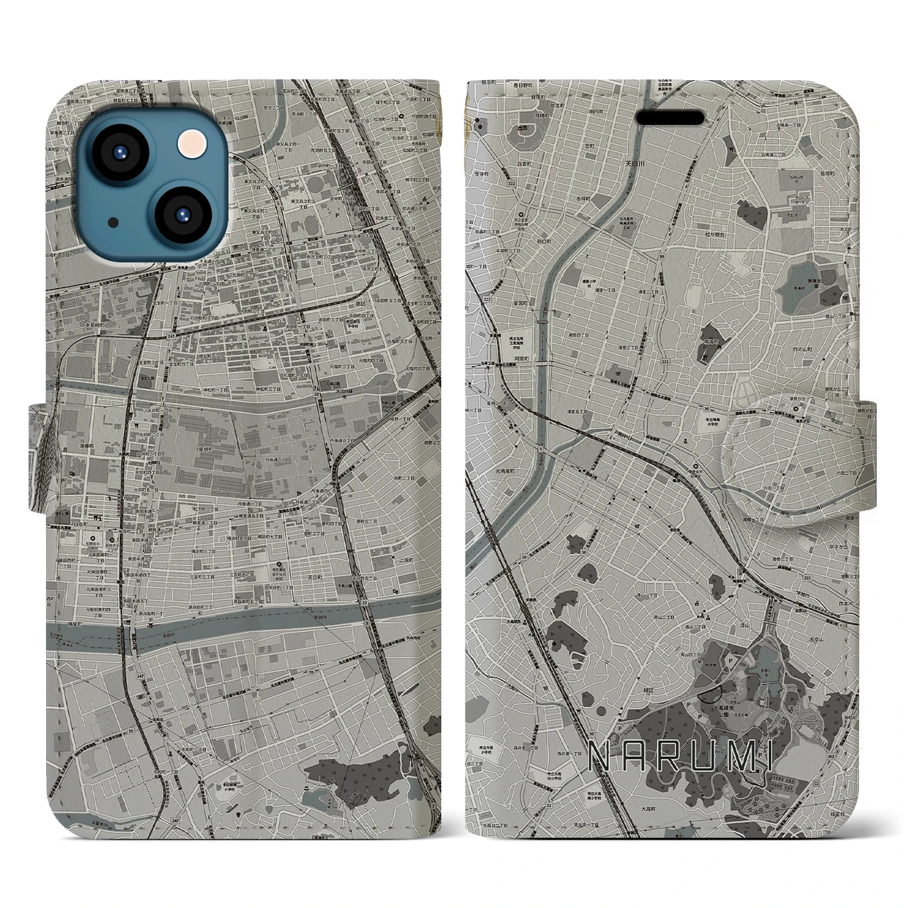 【鳴海(愛知県)】地図柄iPhoneケース(手帳タイプ)モノトーン・iPhone 13 用