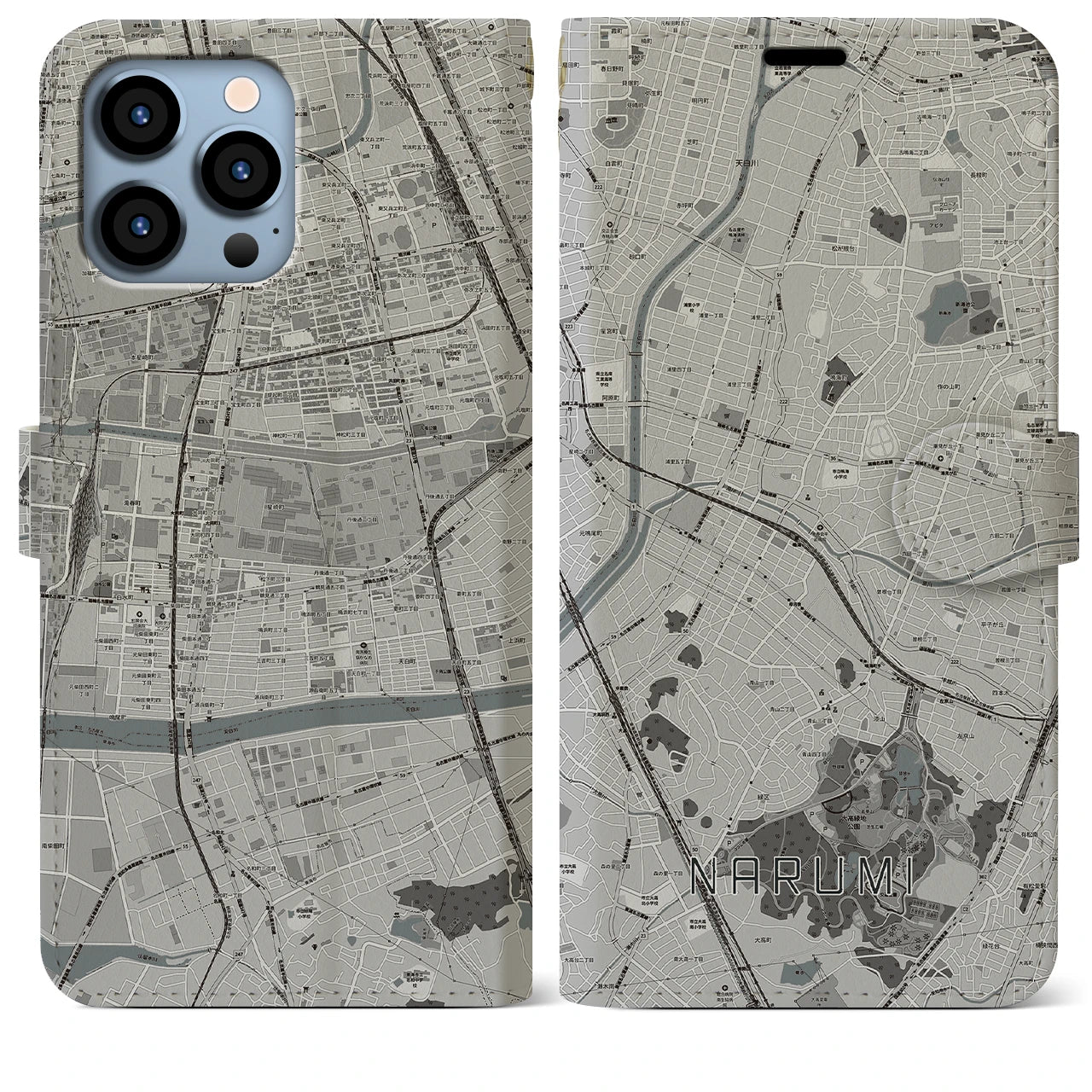 【鳴海(愛知県)】地図柄iPhoneケース(手帳タイプ)モノトーン・iPhone 13 Pro Max 用