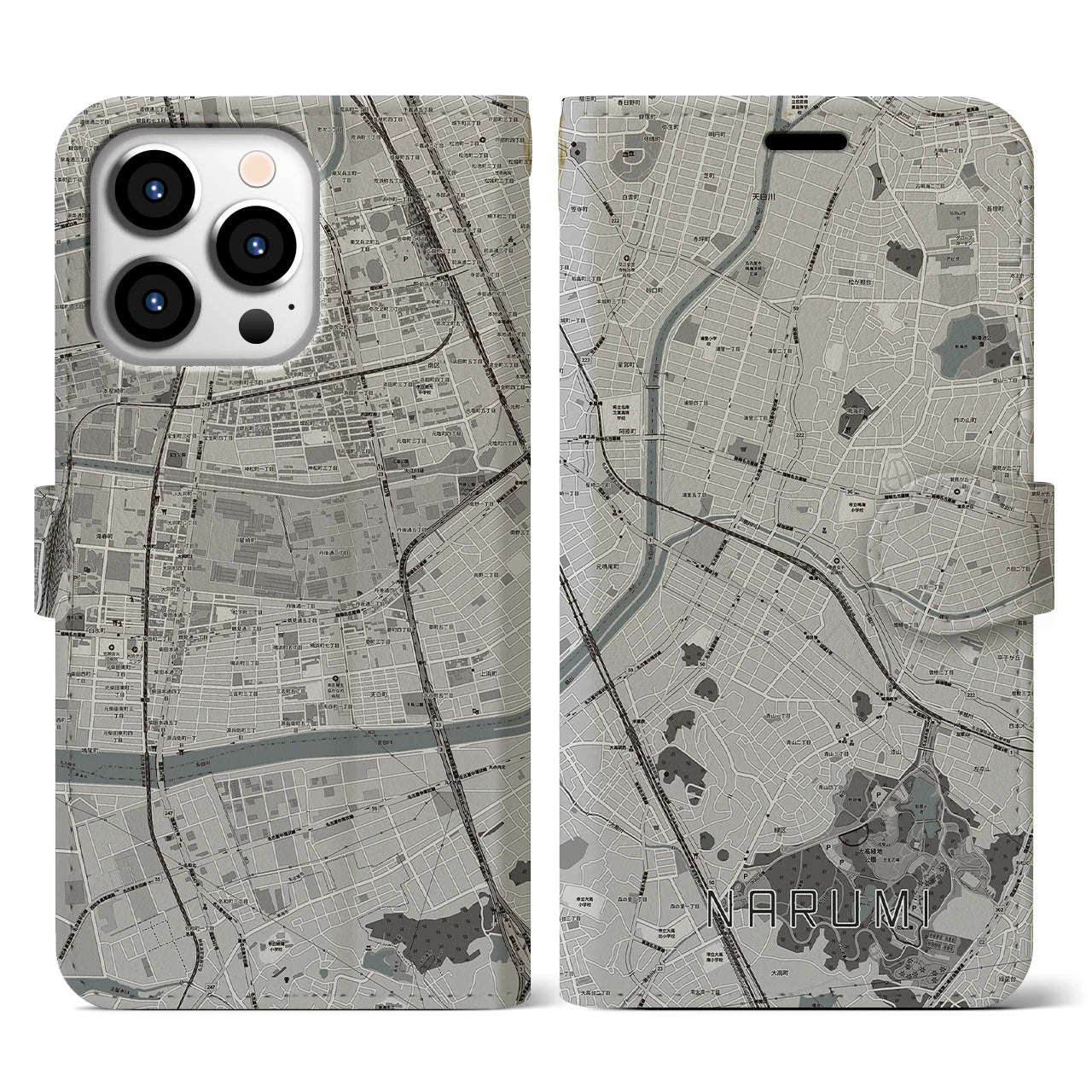 【鳴海(愛知県)】地図柄iPhoneケース(手帳タイプ)モノトーン・iPhone 13 Pro 用