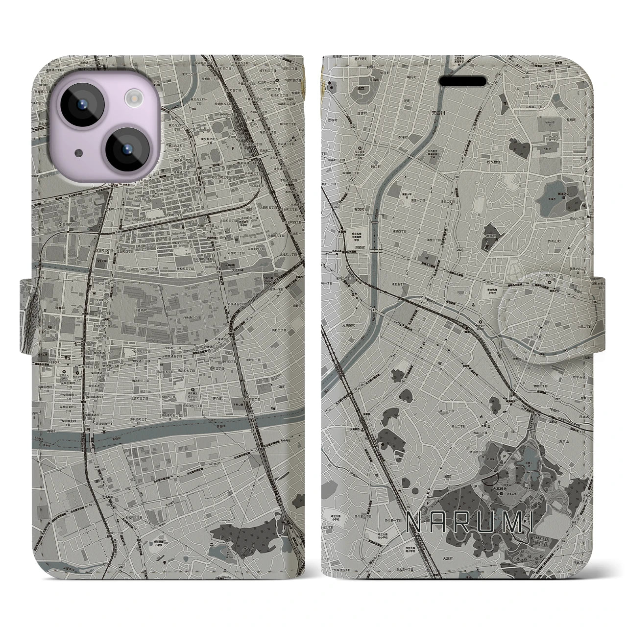 【鳴海(愛知県)】地図柄iPhoneケース(手帳タイプ)モノトーン・iPhone 14 用