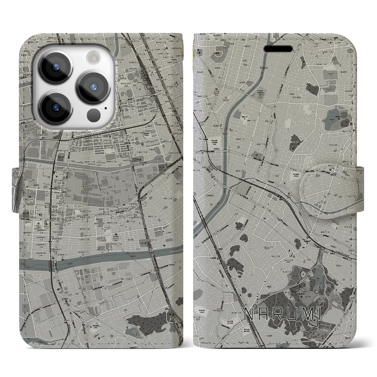 【鳴海(愛知県)】地図柄iPhoneケース(手帳タイプ)モノトーン・iPhone 14 Pro 用