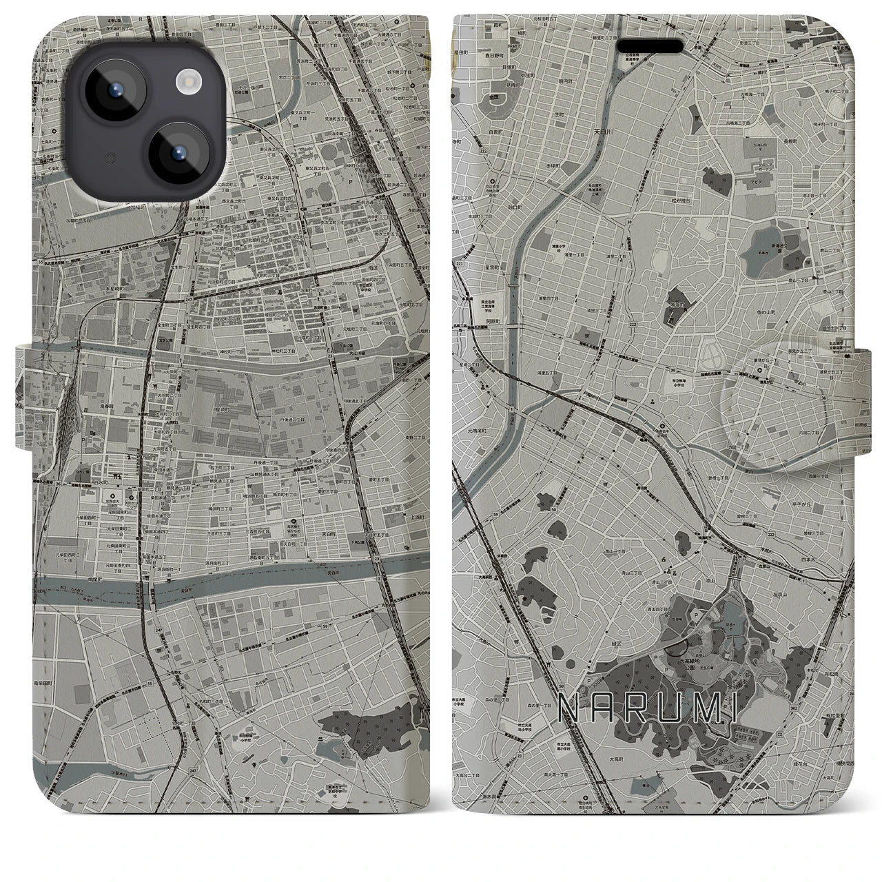 【鳴海(愛知県)】地図柄iPhoneケース(手帳タイプ)モノトーン・iPhone 14 Plus 用