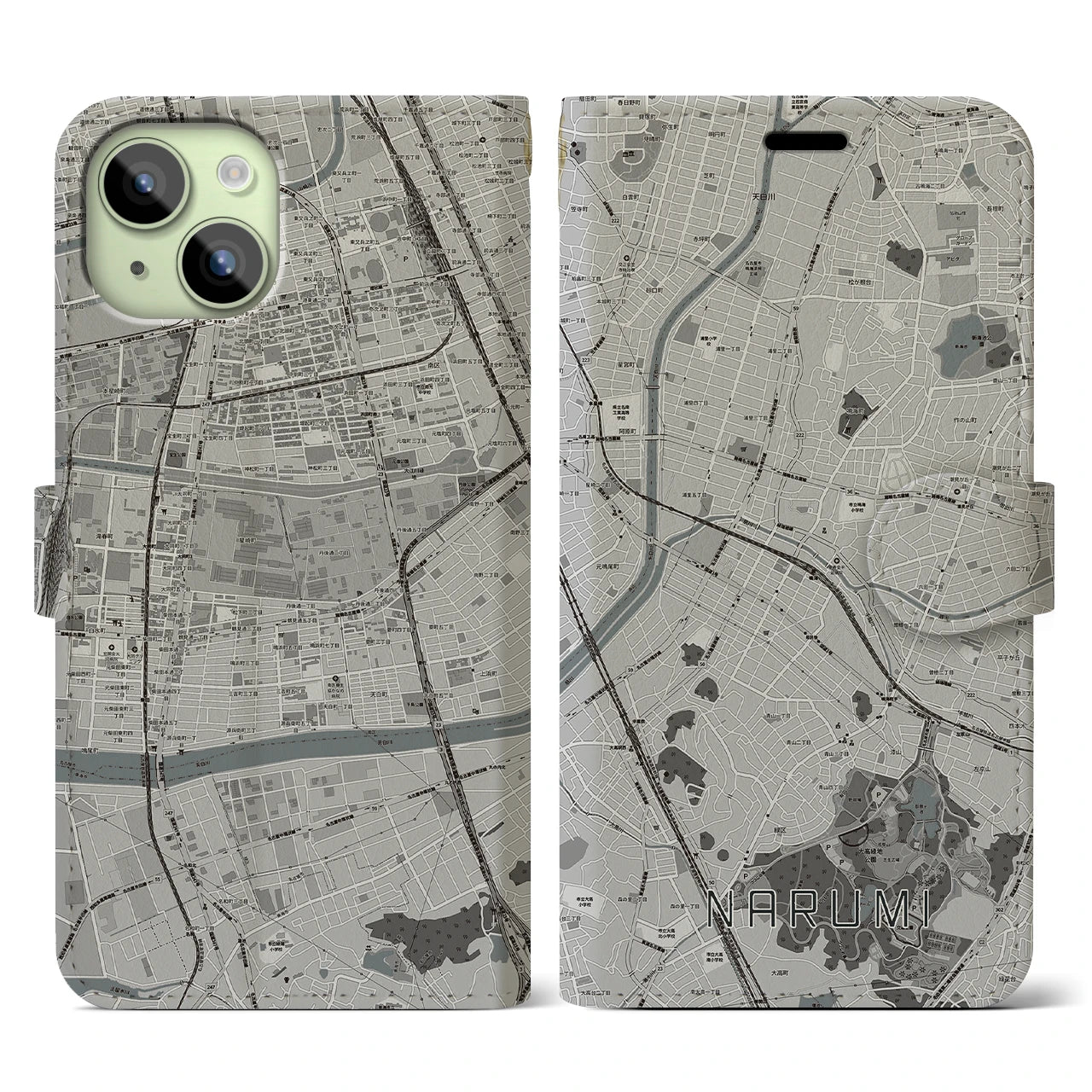 【鳴海(愛知県)】地図柄iPhoneケース(手帳タイプ)モノトーン・iPhone 15 用