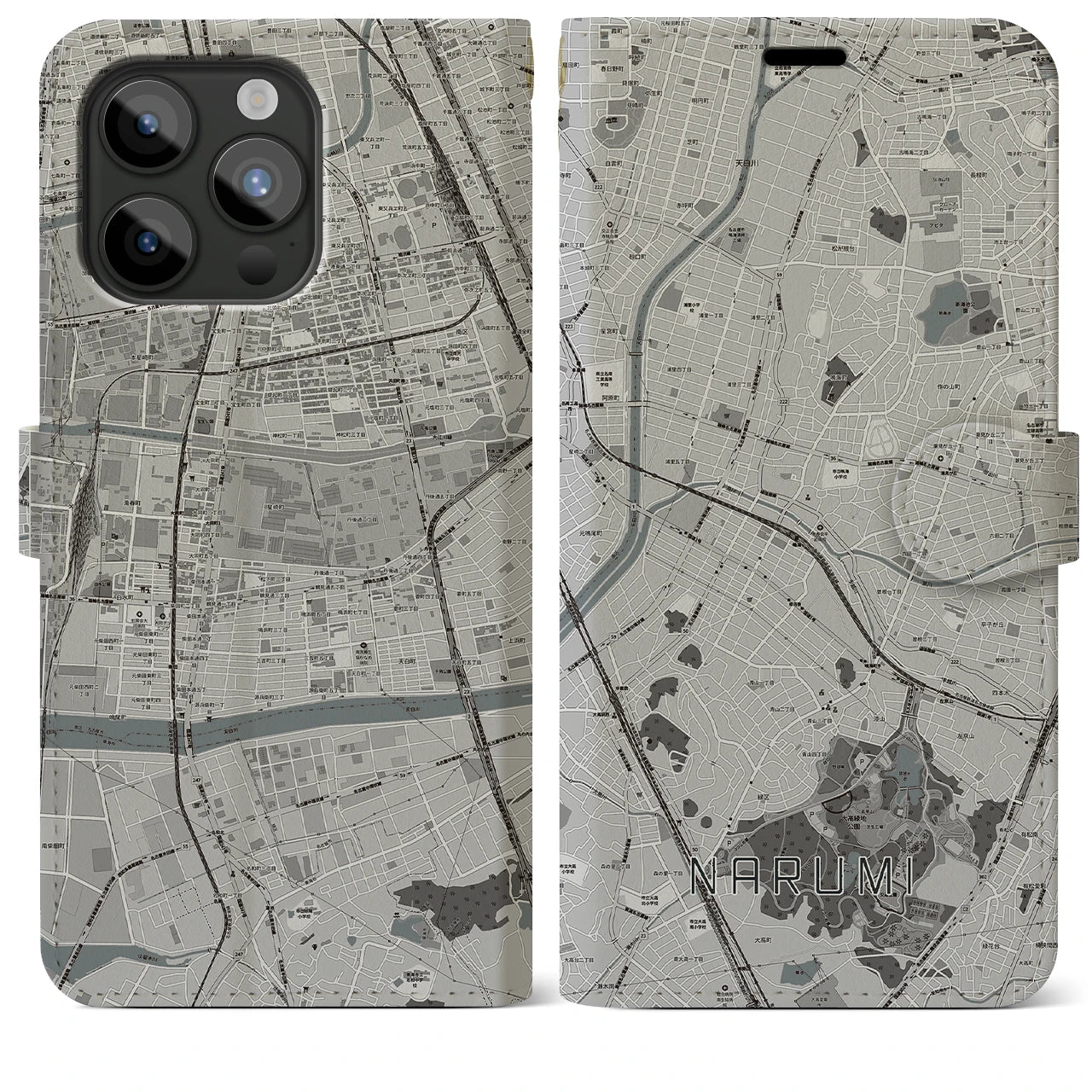 【鳴海(愛知県)】地図柄iPhoneケース(手帳タイプ)モノトーン・iPhone 15 Pro Max 用