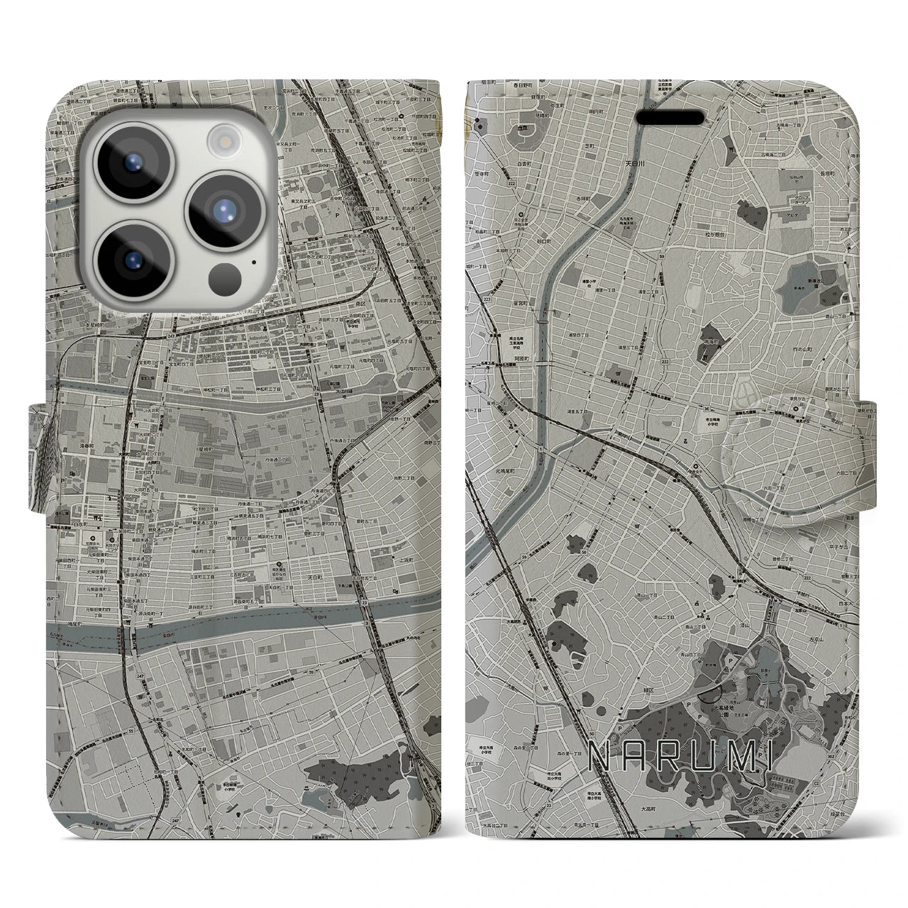 【鳴海(愛知県)】地図柄iPhoneケース(手帳タイプ)モノトーン・iPhone 15 Pro 用