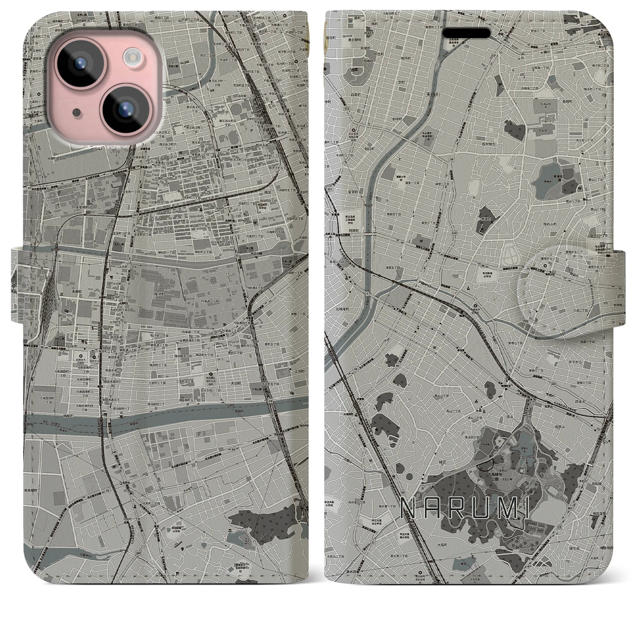 【鳴海(愛知県)】地図柄iPhoneケース(手帳タイプ)モノトーン・iPhone 15 Plus 用