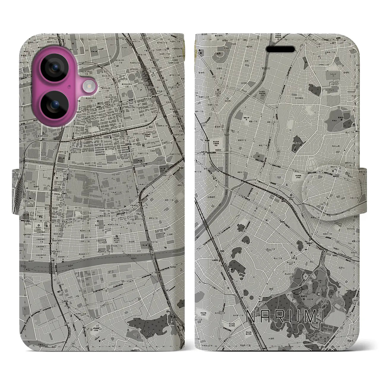 【鳴海(愛知県)】地図柄iPhoneケース(手帳タイプ)モノトーン・iPhone 16 Pro 用