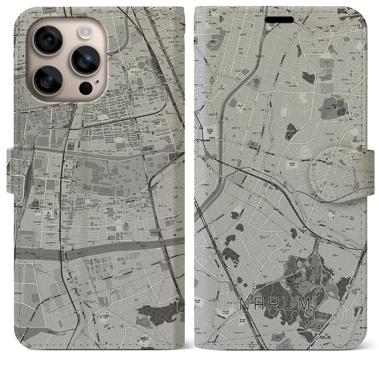 【鳴海(愛知県)】地図柄iPhoneケース(手帳タイプ)モノトーン・iPhone 16 Plus 用
