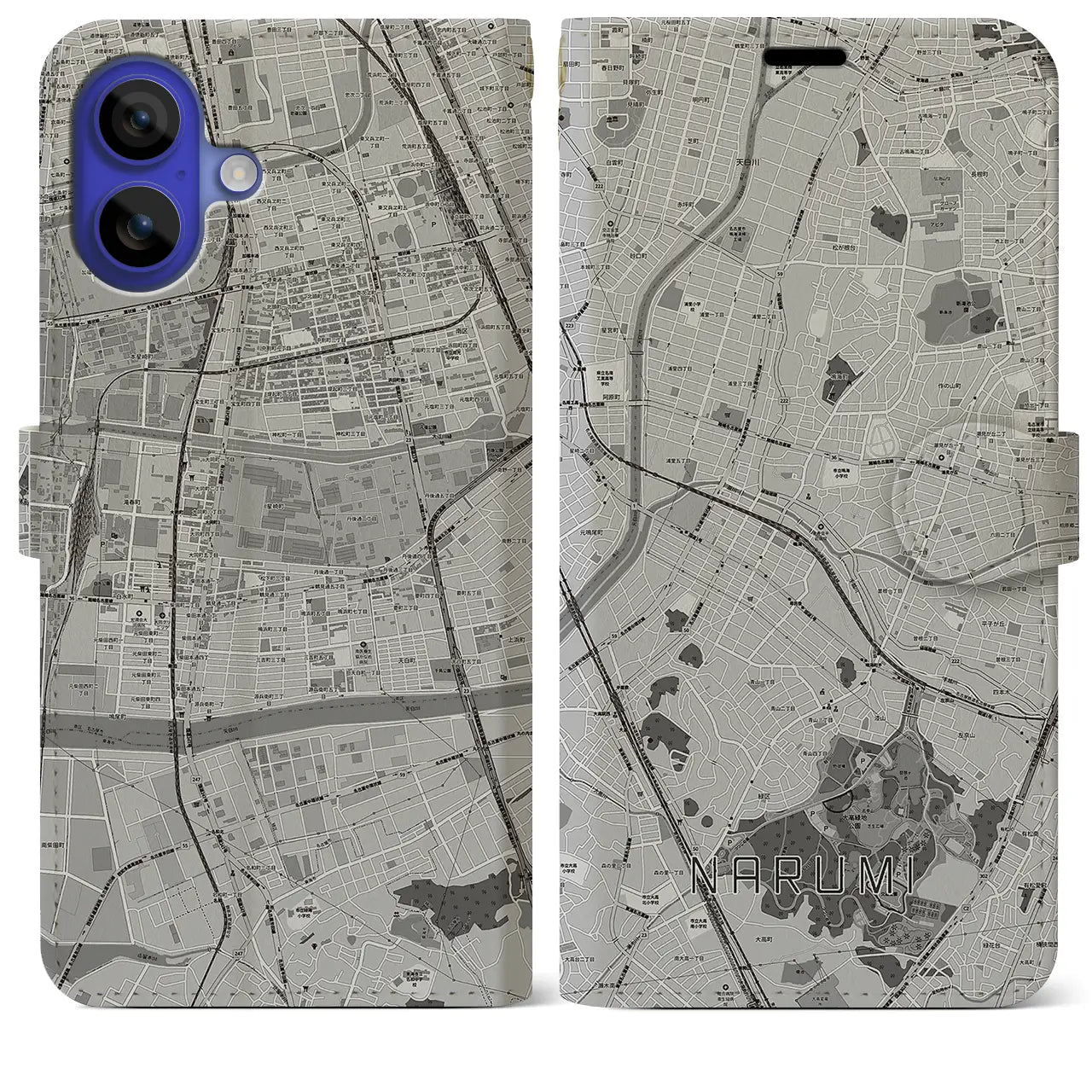 【鳴海(愛知県)】地図柄iPhoneケース(手帳タイプ)モノトーン・iPhone 16 Pro Max 用