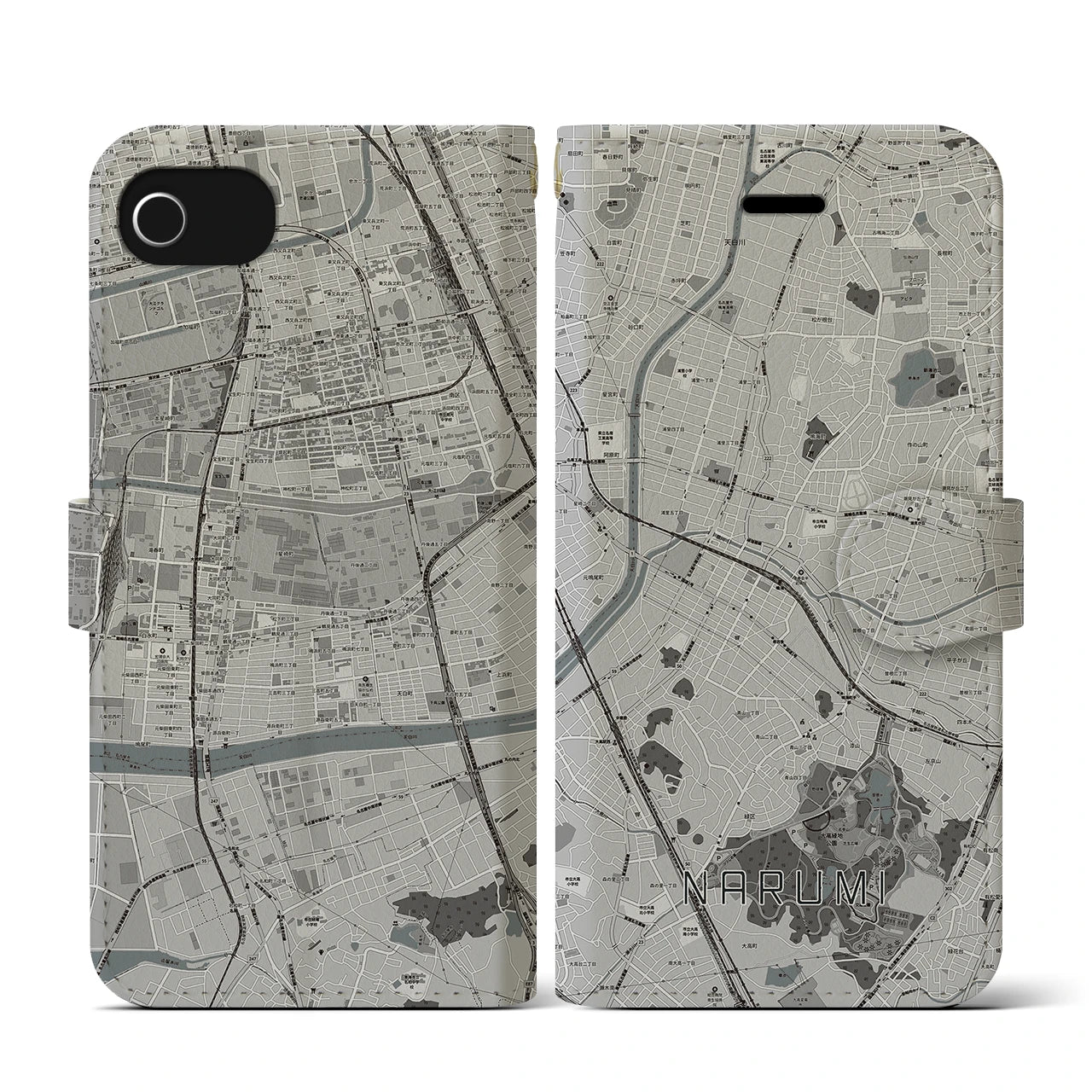 【鳴海(愛知県)】地図柄iPhoneケース(手帳タイプ)モノトーン・iPhone SE(第3 / 第2世代) / 8 / 7 / 6s / 6 用