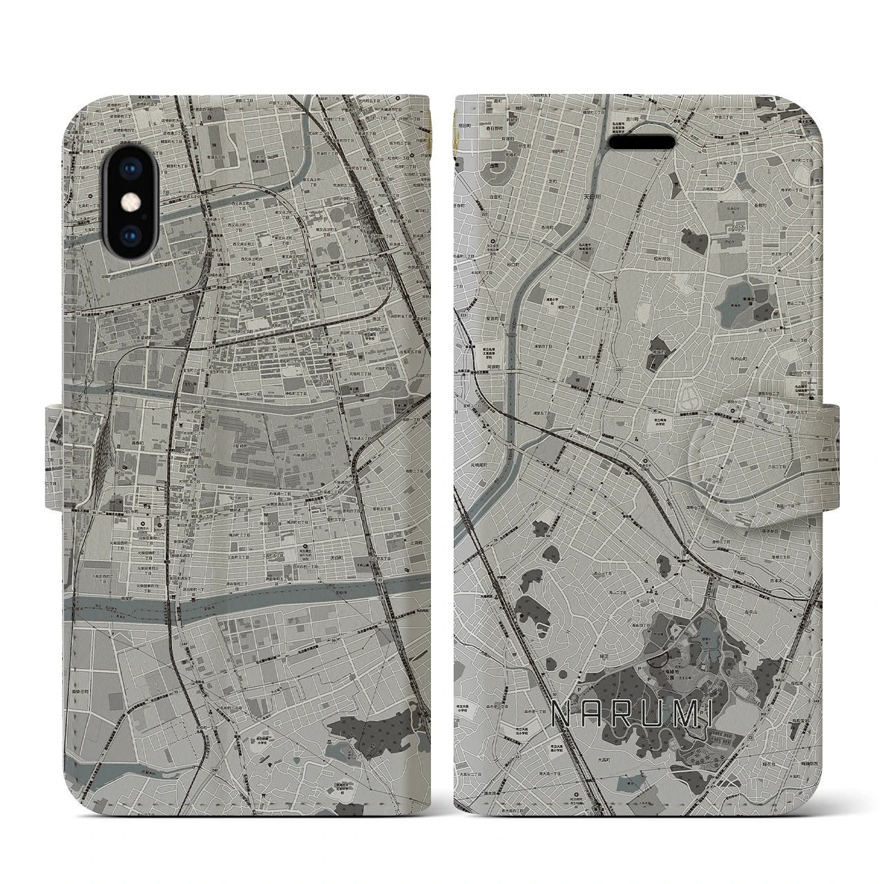 【鳴海(愛知県)】地図柄iPhoneケース(手帳タイプ)モノトーン・iPhone XS / X 用