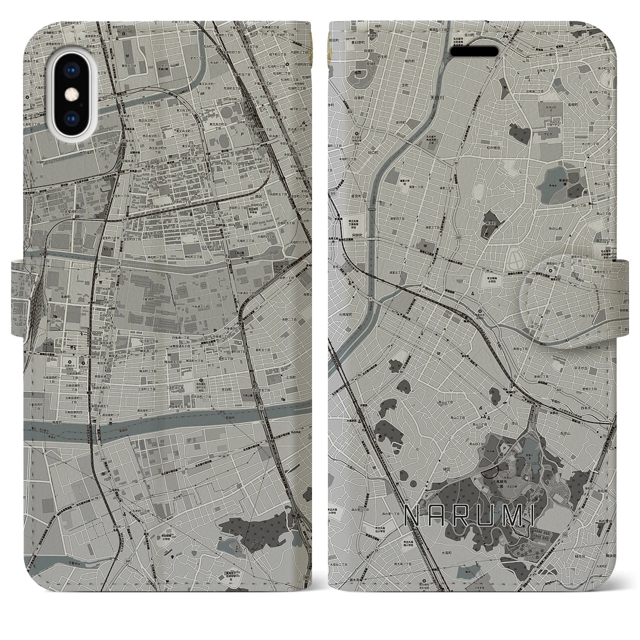 【鳴海(愛知県)】地図柄iPhoneケース(手帳タイプ)モノトーン・iPhone XS Max 用