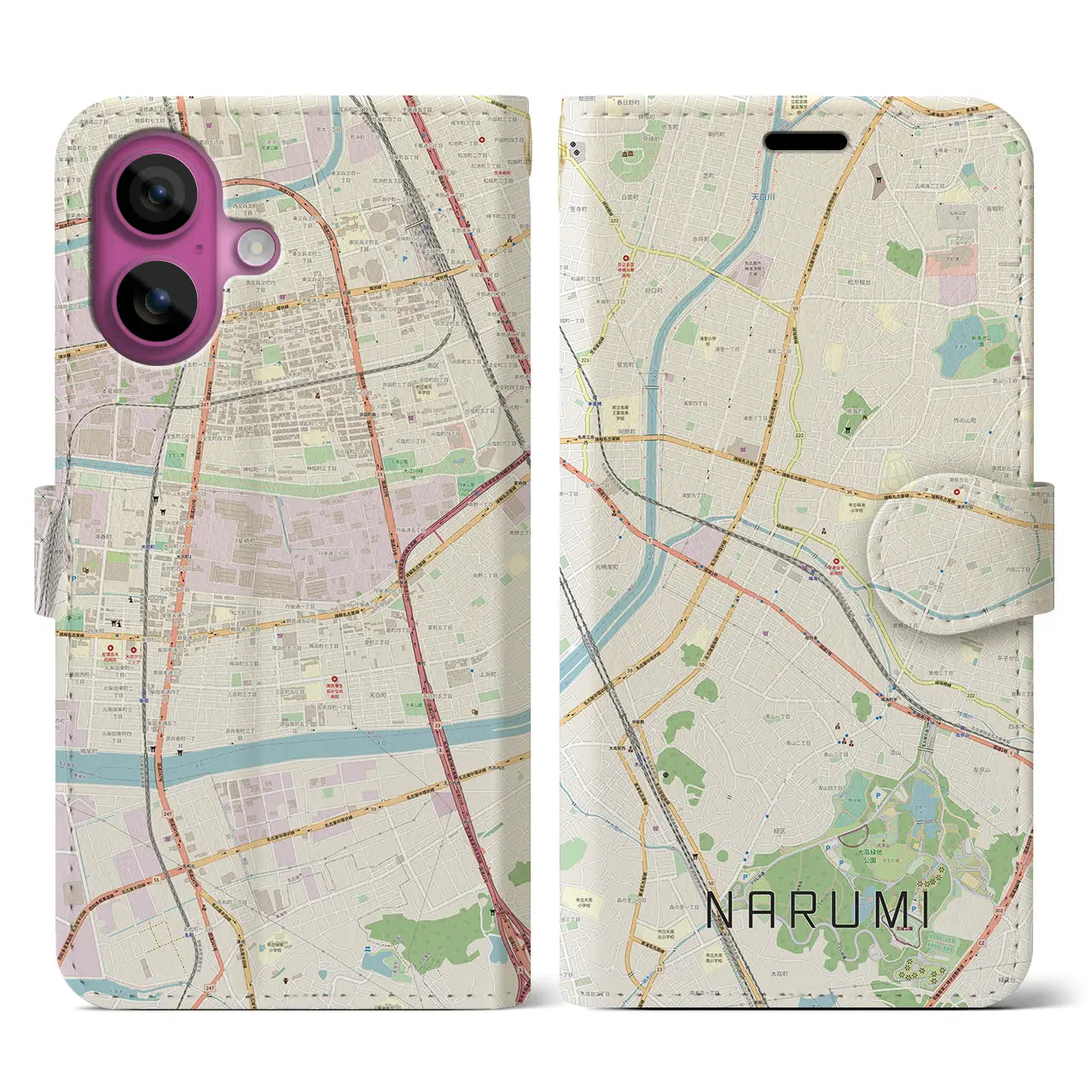 【鳴海(愛知県)】地図柄iPhoneケース(手帳タイプ)ナチュラル・iPhone 16 Pro 用