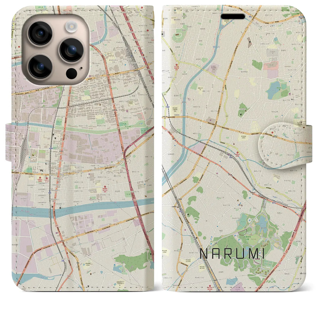 【鳴海(愛知県)】地図柄iPhoneケース(手帳タイプ)ナチュラル・iPhone 16 Plus 用