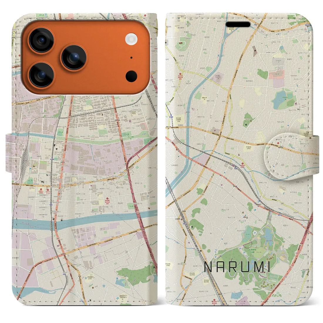 【鳴海(愛知県)】地図柄iPhoneケース(手帳タイプ)ナチュラル・iPhone 17 Pro Max 用