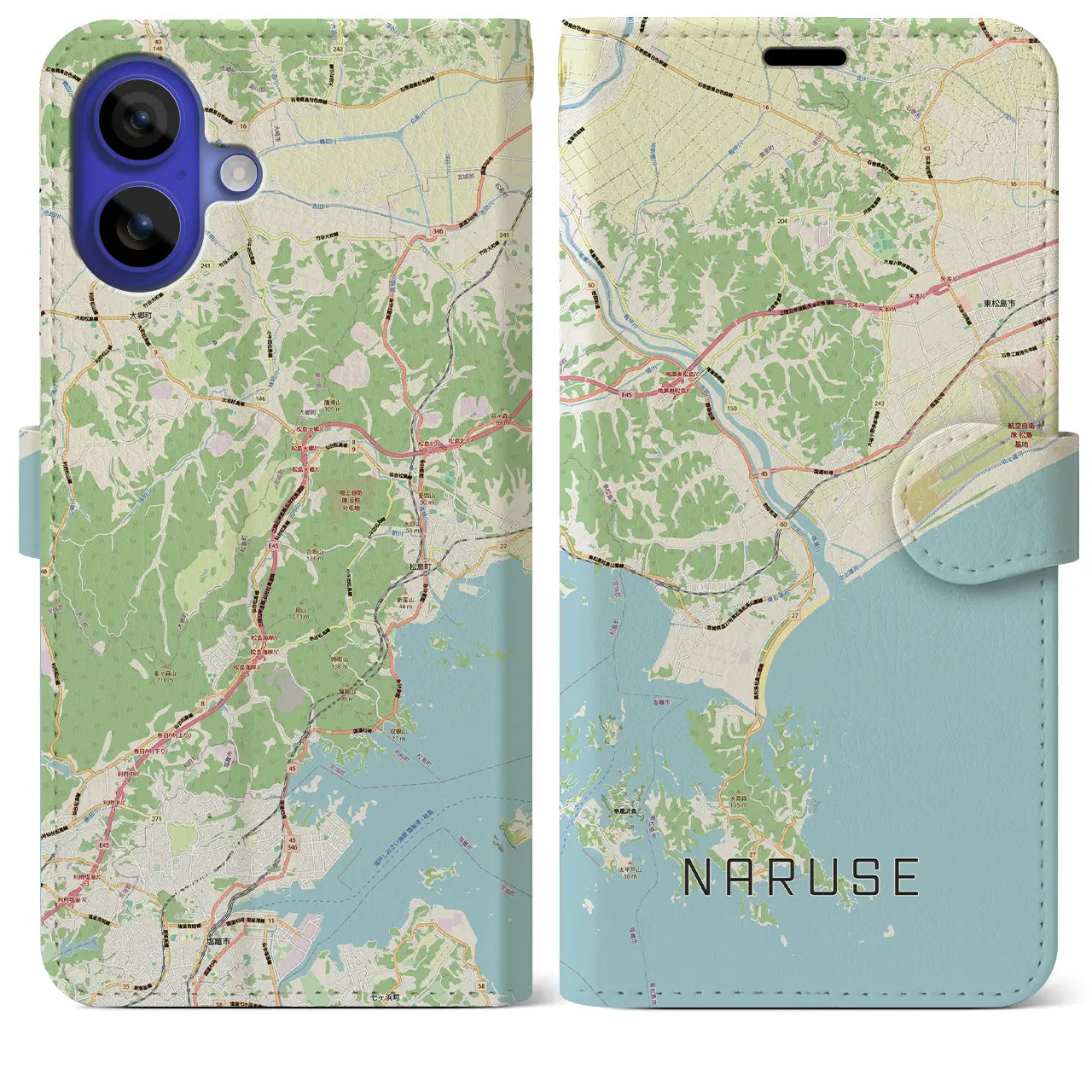 【鳴瀬(宮城県)】地図柄iPhoneケース(手帳タイプ)モノトーン・iPhone 16 Pro Max 用