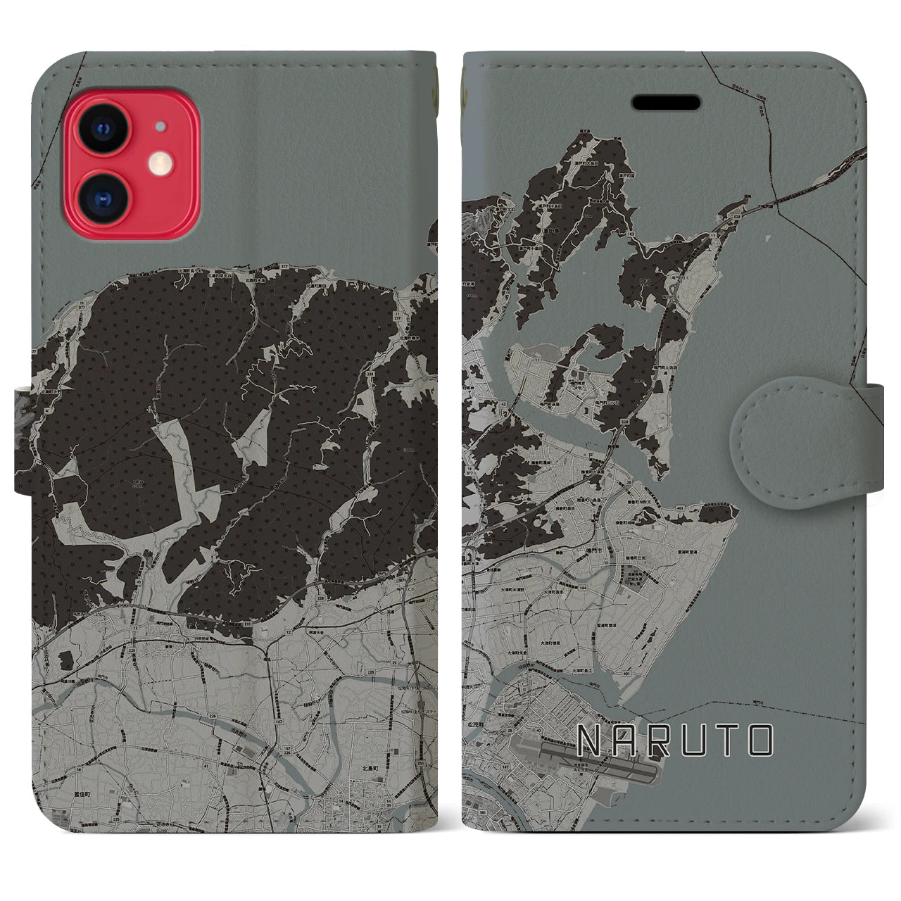 【鳴門(徳島県)】地図柄iPhoneケース(手帳タイプ)モノトーン・iPhone 11 用