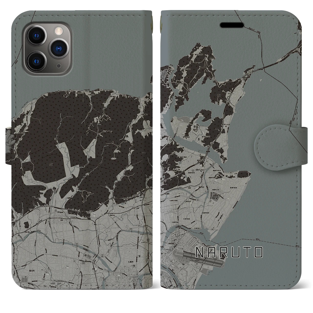 【鳴門(徳島県)】地図柄iPhoneケース(手帳タイプ)モノトーン・iPhone 11 Pro Max 用