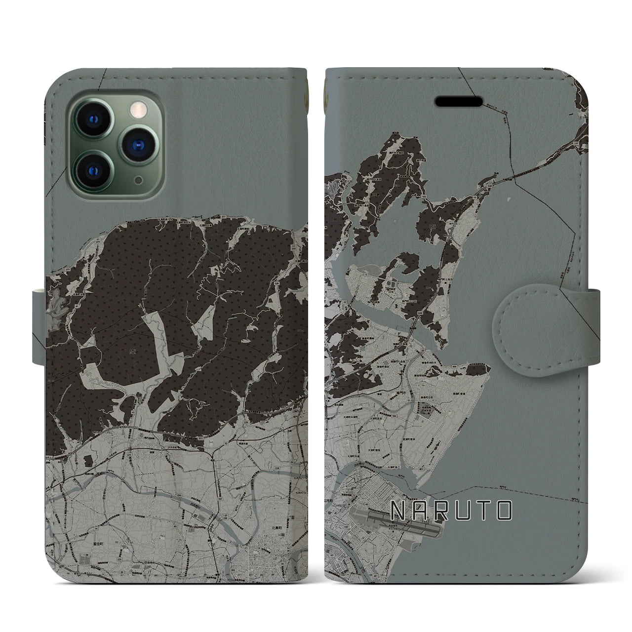 【鳴門(徳島県)】地図柄iPhoneケース(手帳タイプ)モノトーン・iPhone 11 Pro 用