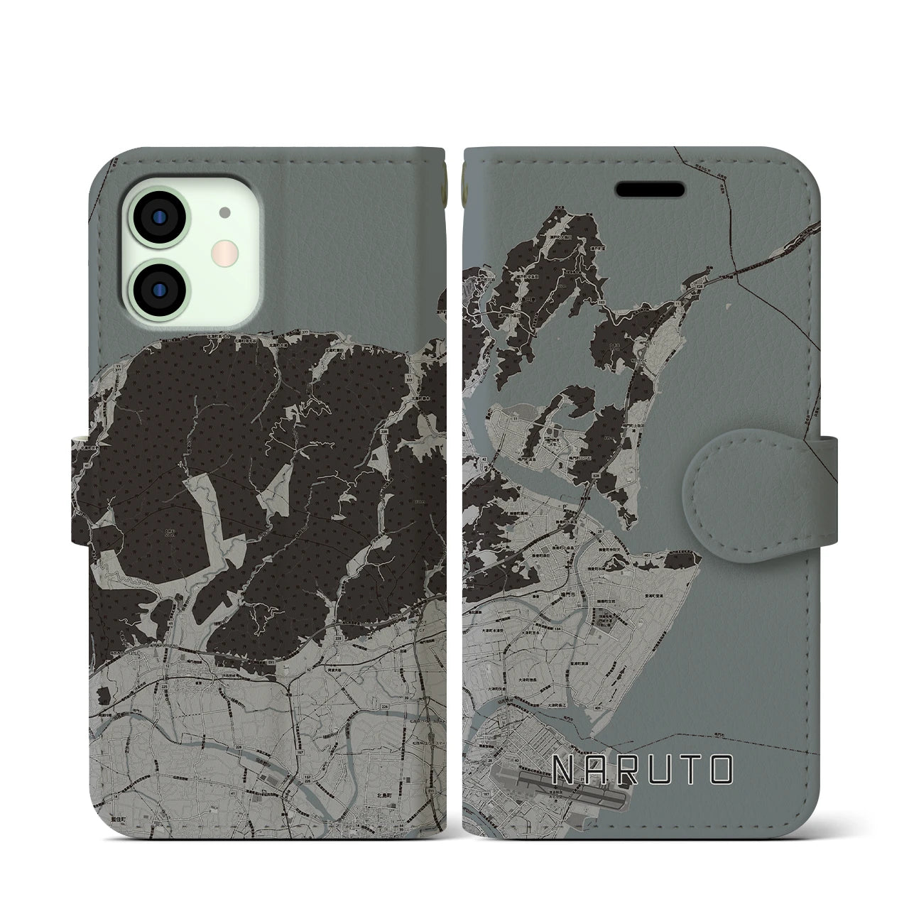【鳴門(徳島県)】地図柄iPhoneケース(手帳タイプ)モノトーン・iPhone 12 mini 用