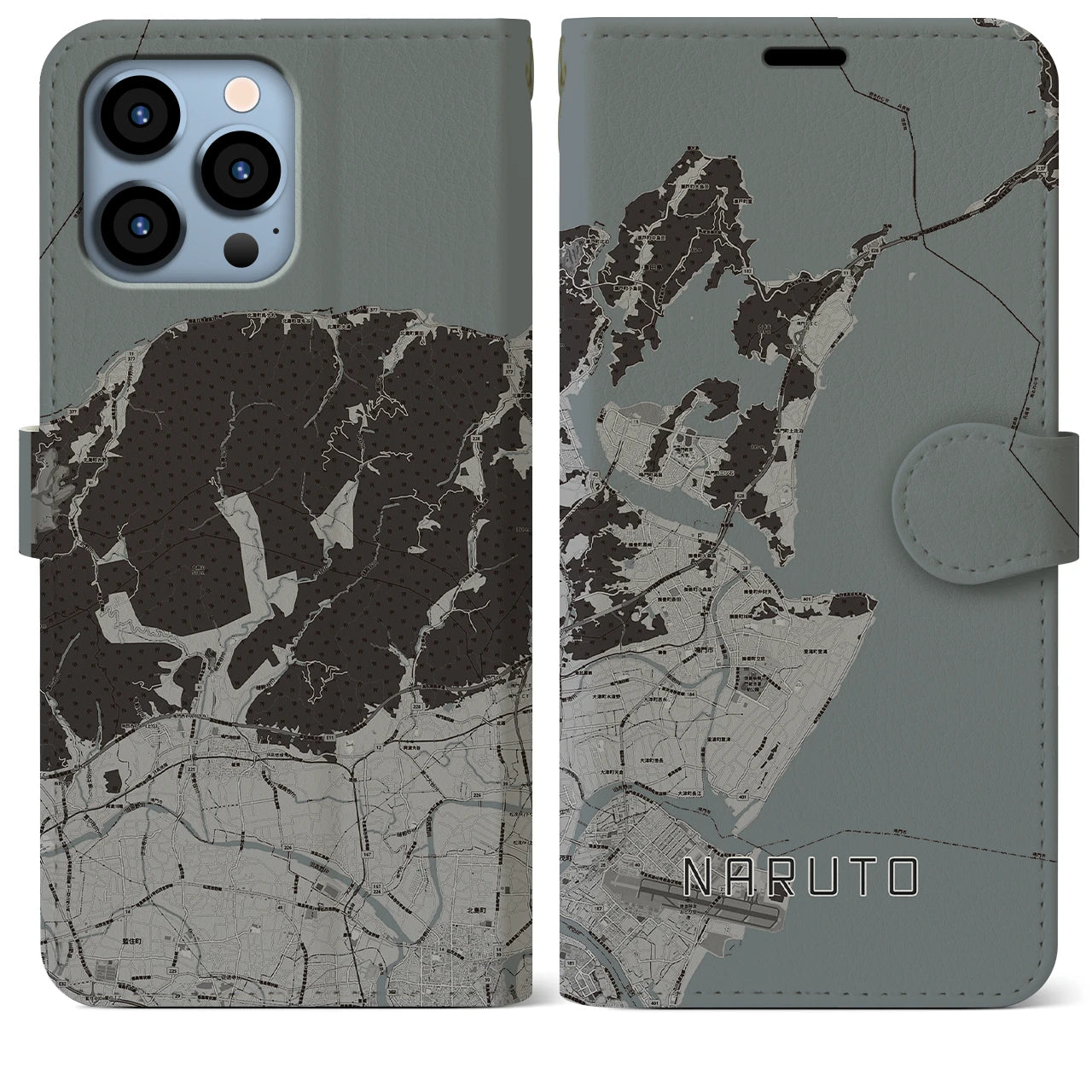 【鳴門(徳島県)】地図柄iPhoneケース(手帳タイプ)モノトーン・iPhone 13 Pro Max 用