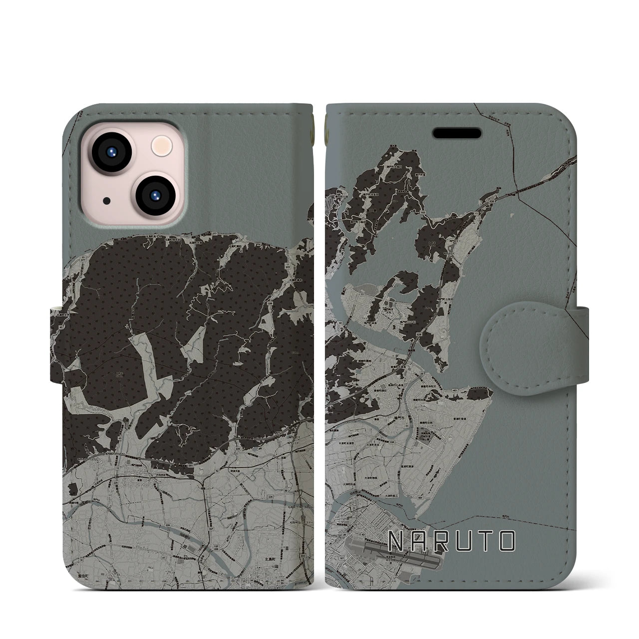 【鳴門(徳島県)】地図柄iPhoneケース(手帳タイプ)モノトーン・iPhone 13 mini 用