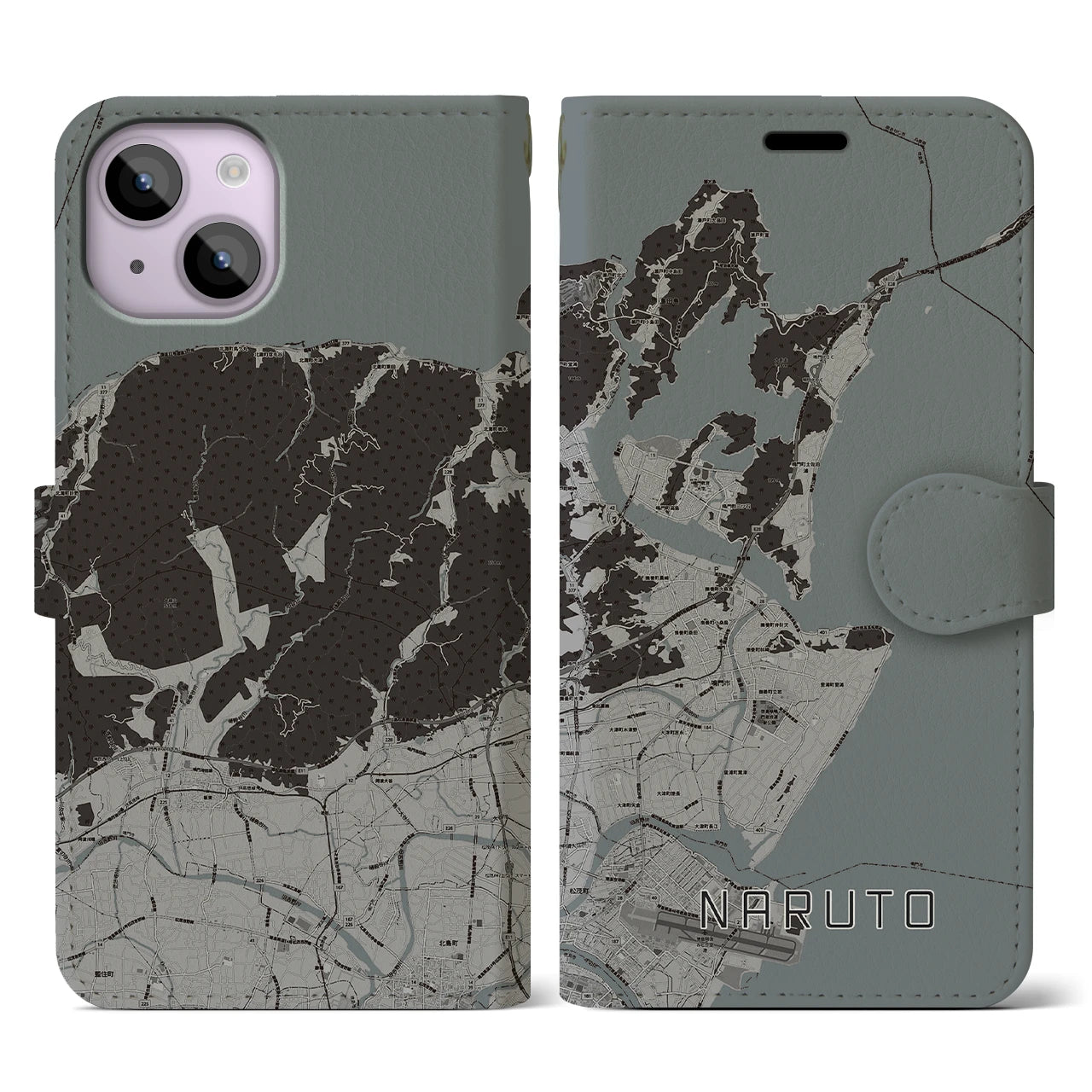 【鳴門(徳島県)】地図柄iPhoneケース(手帳タイプ)モノトーン・iPhone 14 用