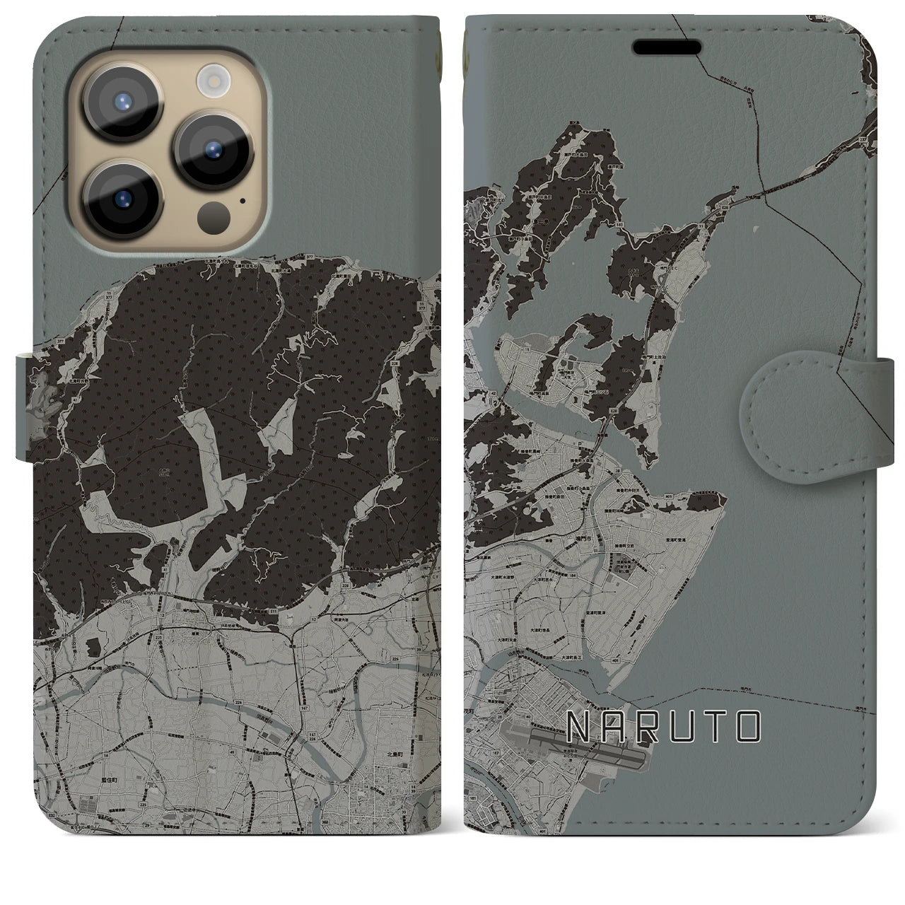 【鳴門(徳島県)】地図柄iPhoneケース(手帳タイプ)モノトーン・iPhone 14 Pro Max 用