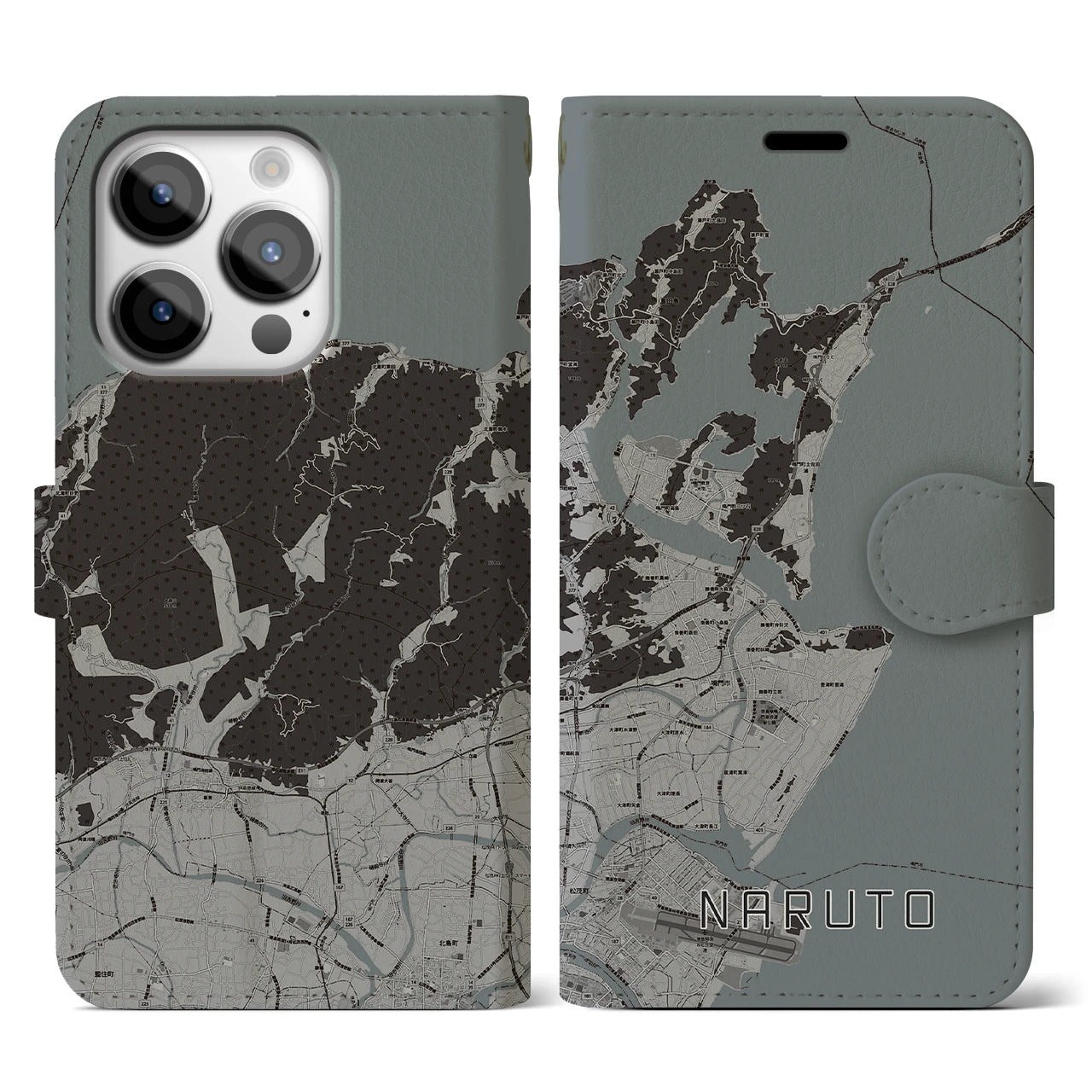 【鳴門(徳島県)】地図柄iPhoneケース(手帳タイプ)モノトーン・iPhone 14 Pro 用