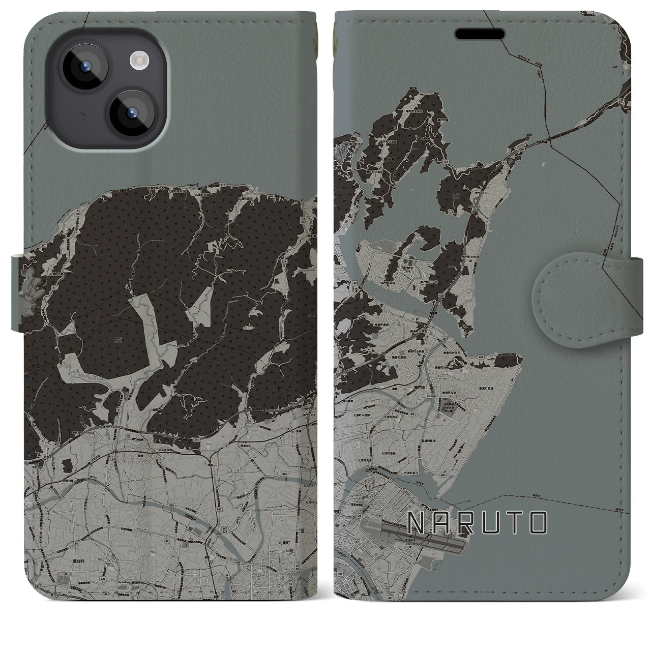 【鳴門(徳島県)】地図柄iPhoneケース(手帳タイプ)モノトーン・iPhone 14 Plus 用